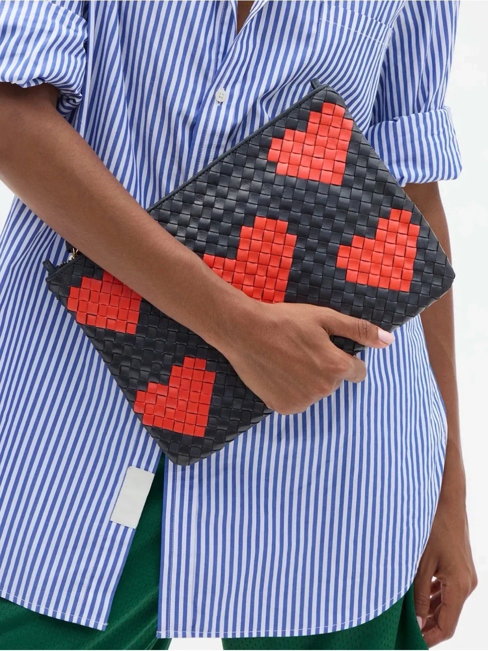 Clare V Flat Clutch w/ Tabs Twilight Navy/Bright Poppy Hearts Diagonal Woven NWT